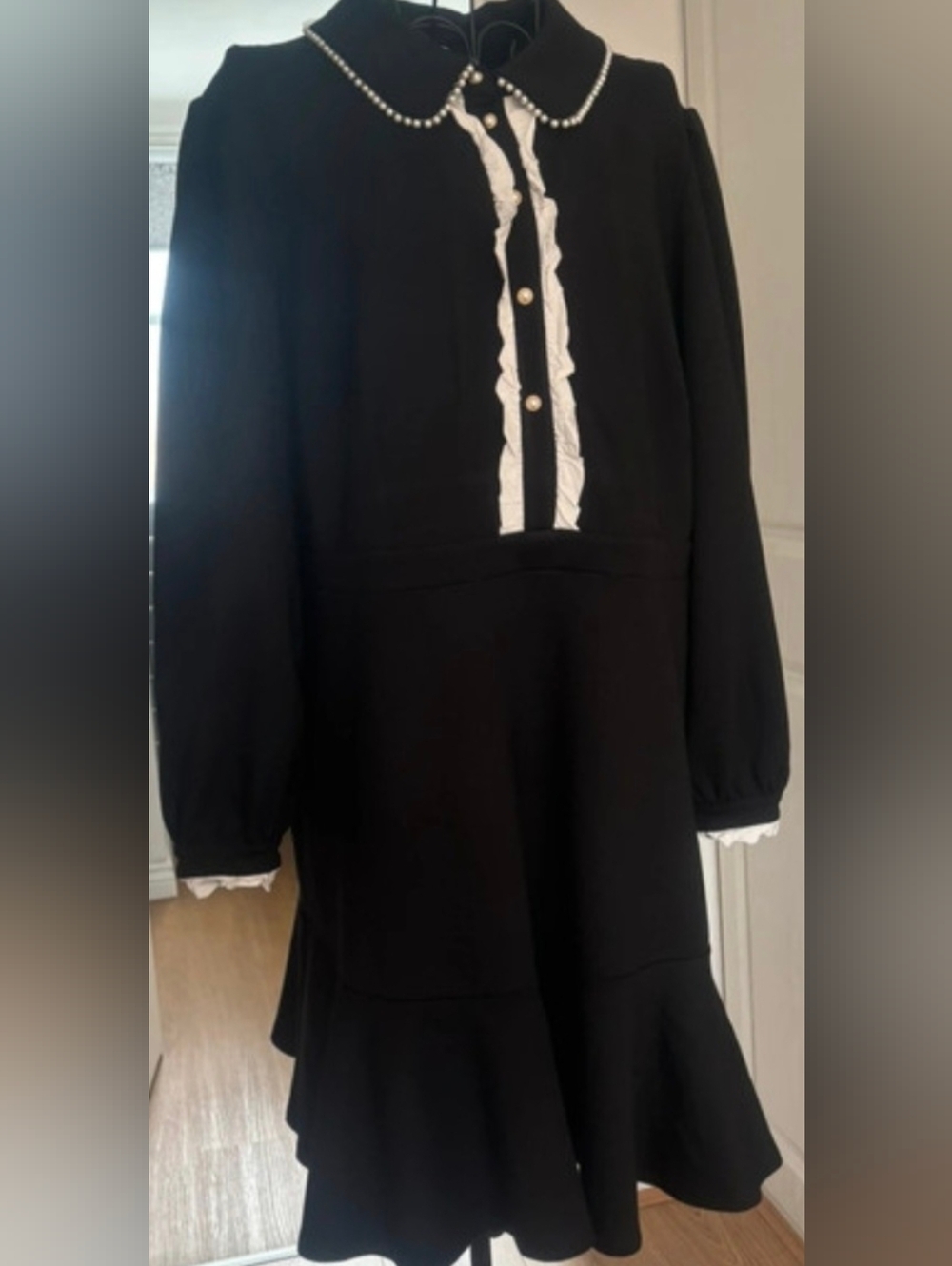 Monsoon Black Long Sleeve Peter Pan Collar Ruffle-Trim Dress with White Details